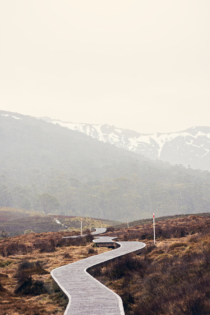 Cradle Mountain Wall art prints featuring the beautiful wilderness of Cradle Valley in Cradle Mountain National Park Tasmania and its boardwalk meandering through the button grass plains with the snowy mountains in the background by photographer Millie Brown