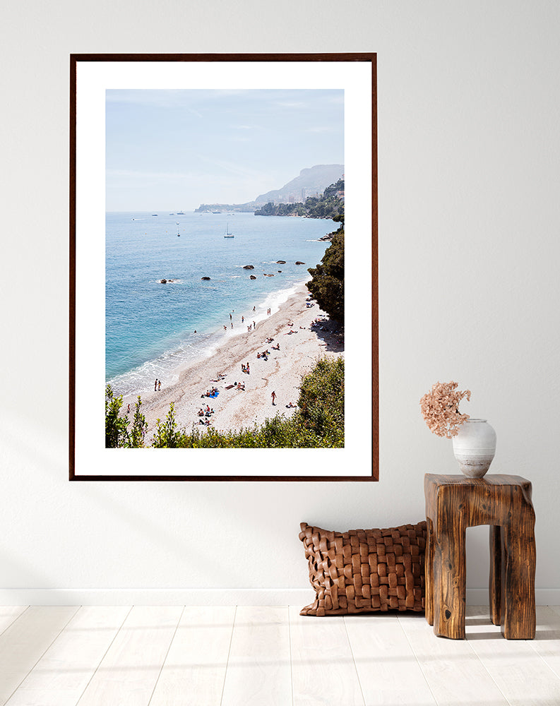 French Riviera Wall Art beach Print featuring Plage du Buse shot from above and Monaco in the distance by Millie Brown