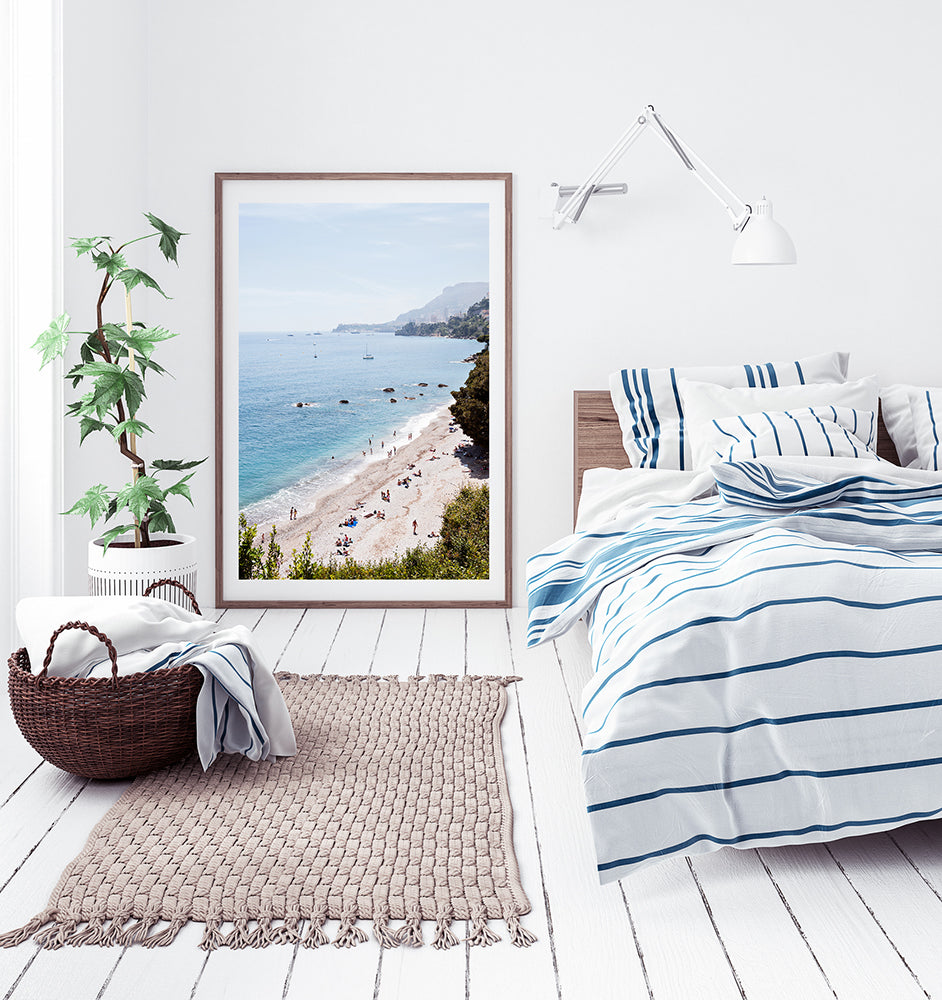 French Riviera Wall Art Print featuring Plage du Buse at Roquebrune Cap martin  shot from above and Monaco in the distance by Millie Brown