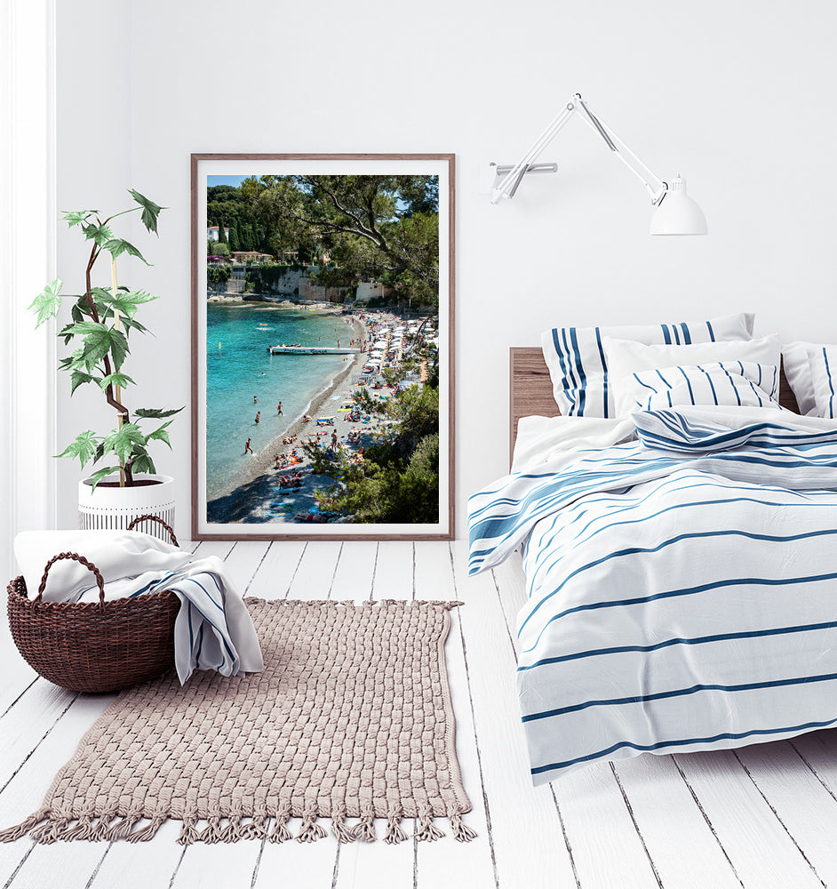 Paloma beach print featuring a hot summer day on Paloma beach with beachgoers in the blue sea and on the beach by photographer Millie Brown