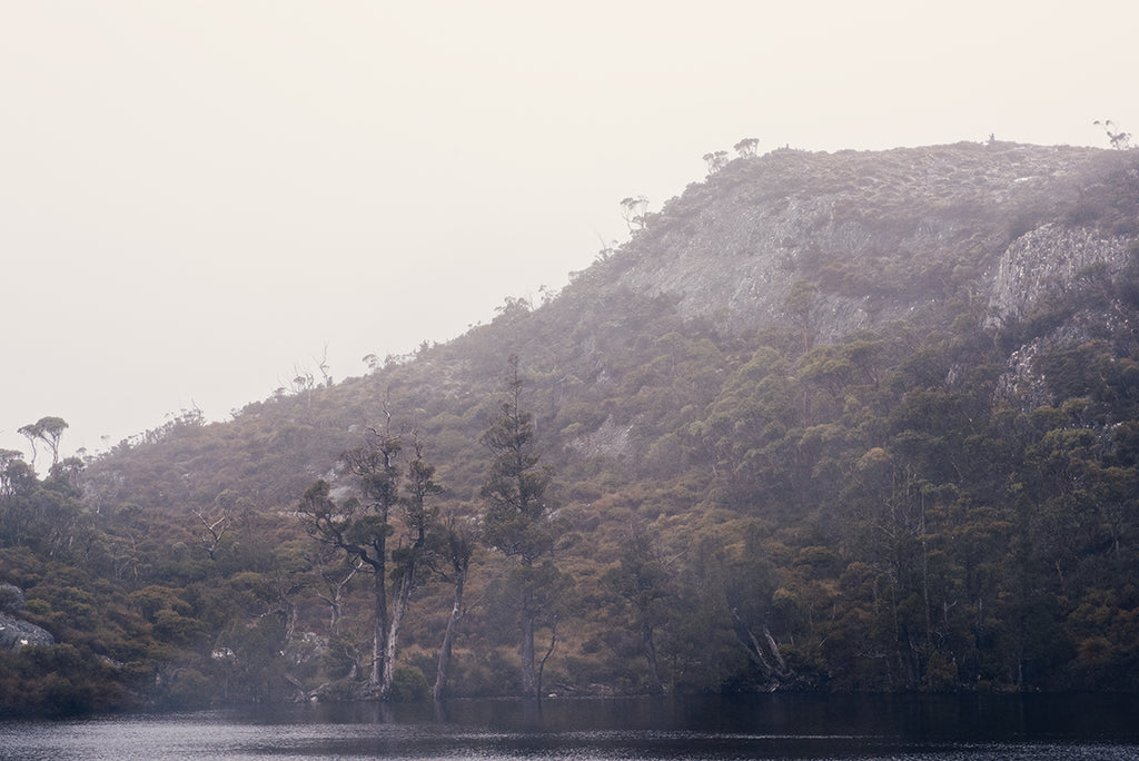Cradle Mountain photographic print featuring  the  Tasmania wilderness and the water pool known as Wombat Pool with bushland and mountains behind in winter fog by photographer Millie Brown