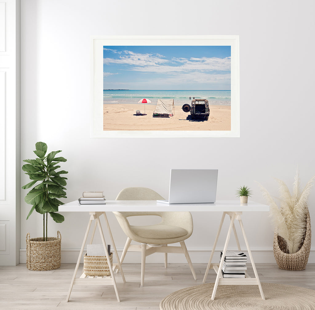Australian beach art, limited edition fine art beach print of Robe Long beach featuring a summer day, land rover and swimmers in the water, white sand and beach umbrella and tent by Millie Brown
