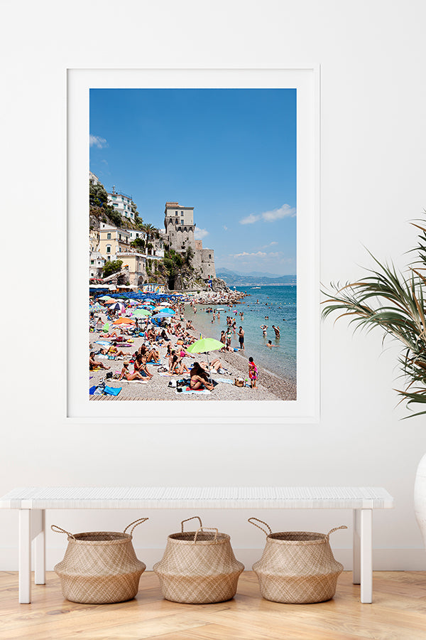Amalfi coast photographic wall art print of Cetara beach on the Amalfi Coast with beach umbrellas and beachgoers available in small to extra large wall decor sizes