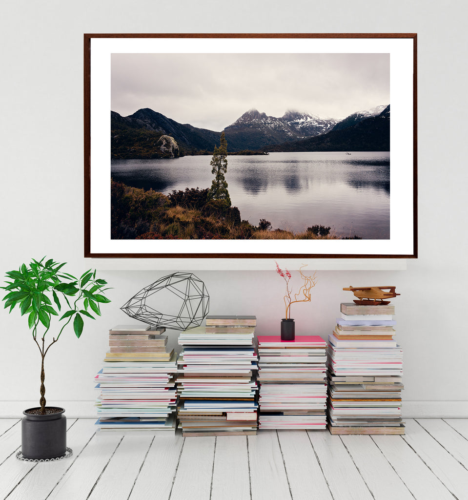 Cradle mountain photographic wall art print titled Dove Lake featuring the beautiful glacial lake in winter with the snow capped Cradle Mountain in the background , artwork by photographer Millie Brown