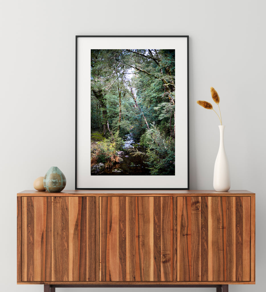 Cradle Mountain limited edition wall art print featuring the beauty of an alpine stream surrounded by green lush forest