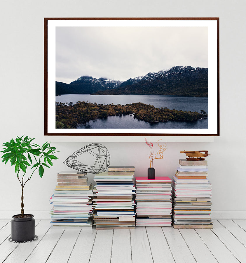 Cradle Mountain photographic print featuring Dove Lake in winter with the snowcapped Cradle Mountain in the background from the Into The Wild wall art collection by photographer Millie Brown