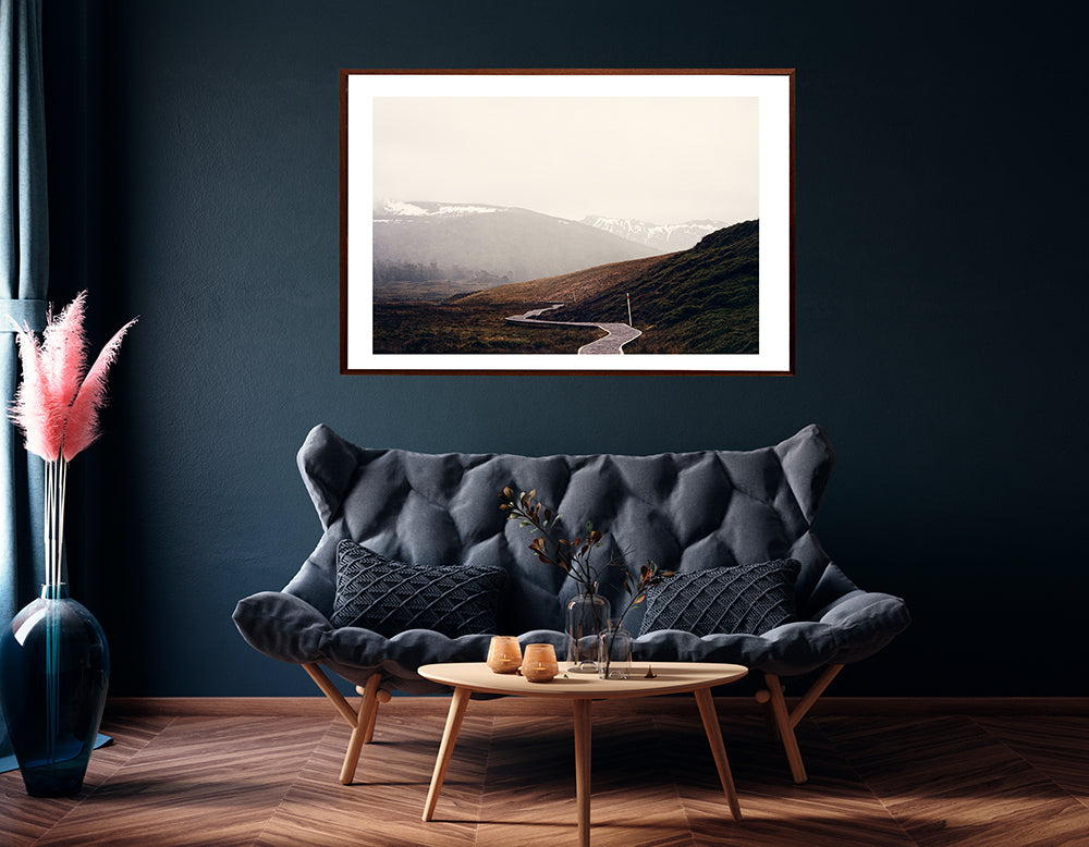 Cradle Mountain wall art featuring the overland track winding its way across Cradle Valley with the snow covered mountains in the background
