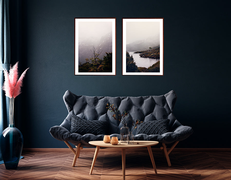 Cradle Mountain wall art print featuring Dove Lake in the Cradle Mountain National park Tasmania surrounded by bushland and low winter cloud shot by Millie Brown