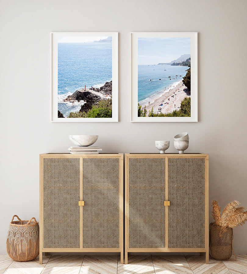 Photographic prints of the beautiful French Riviera and its deep blue sea and beaches, shot from above in summer by photographer Millie Brown