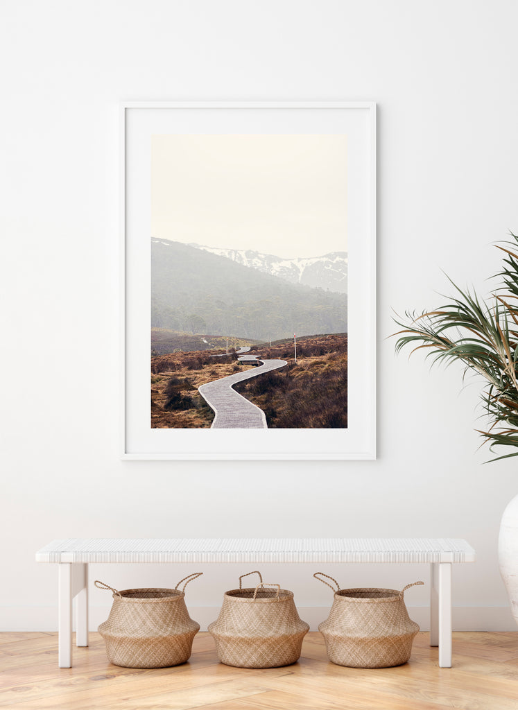 Cradle Mountain Photographic fine art prints featuring the beautiful wilderness of Cradle Valley in Cradle Mountain National Park Tasmania and its boardwalk meandering through the button grass plains with the snowy mountains in the background by photographer Millie Brown