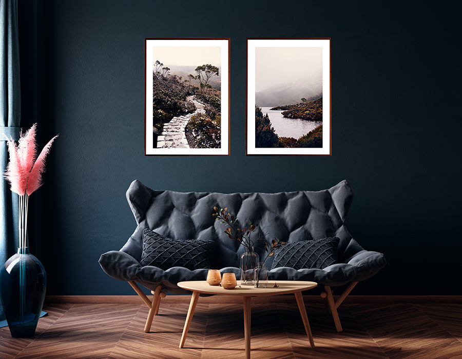 Cradle mountain photographic prints featuring Cradle Mountain Tasmanian wilderness in the winter snow and surrounding bushland and boardwalk winding its way down the mountain  by Millie Brown photographer
