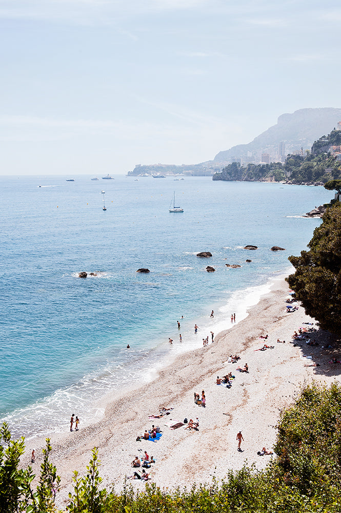 French Riviera Wall Art Print featuring Plage du Buse shot from above and Monaco in the distance by Millie Brown
