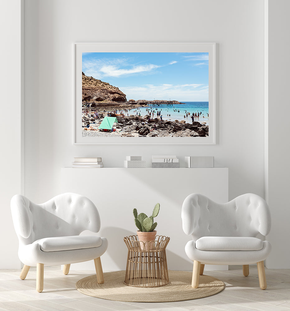 Australian beach print featuring a hot summer day on the beach at Second Valley on the Fleurieu Peninsula in South Australia