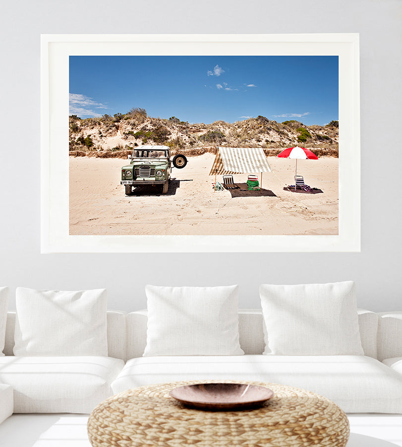 Australian beach print featuring robe long beach and a land rover car on the sand with beach umbrellas and tent on a hot summer day Australian beach wall art