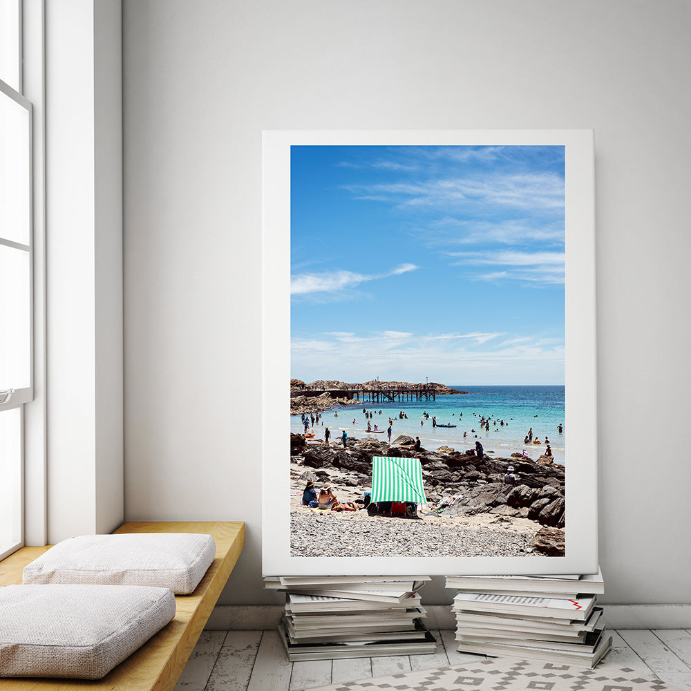 Beach wall art featuring the Second Valley beach with people in the water and on the sand on a hot summer day with a beautiful blue sky and the jetty in the background