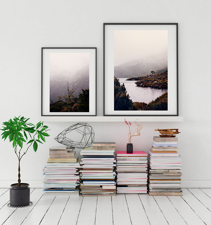 Cradle Mountain wall art photographic print featuring Dove Lake in the Cradle Mountain National park Tasmania surrounded by bushland and low winter cloud shot by Millie Brown