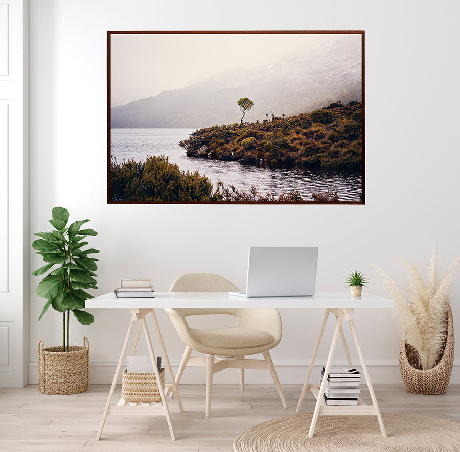 Cradle Mountain Fine art print of beautiful Dove Lake in Cradle Mountain National Park Tasmania in winter, with low cloud shrouding the mountains behind. By photographer Millie Brown