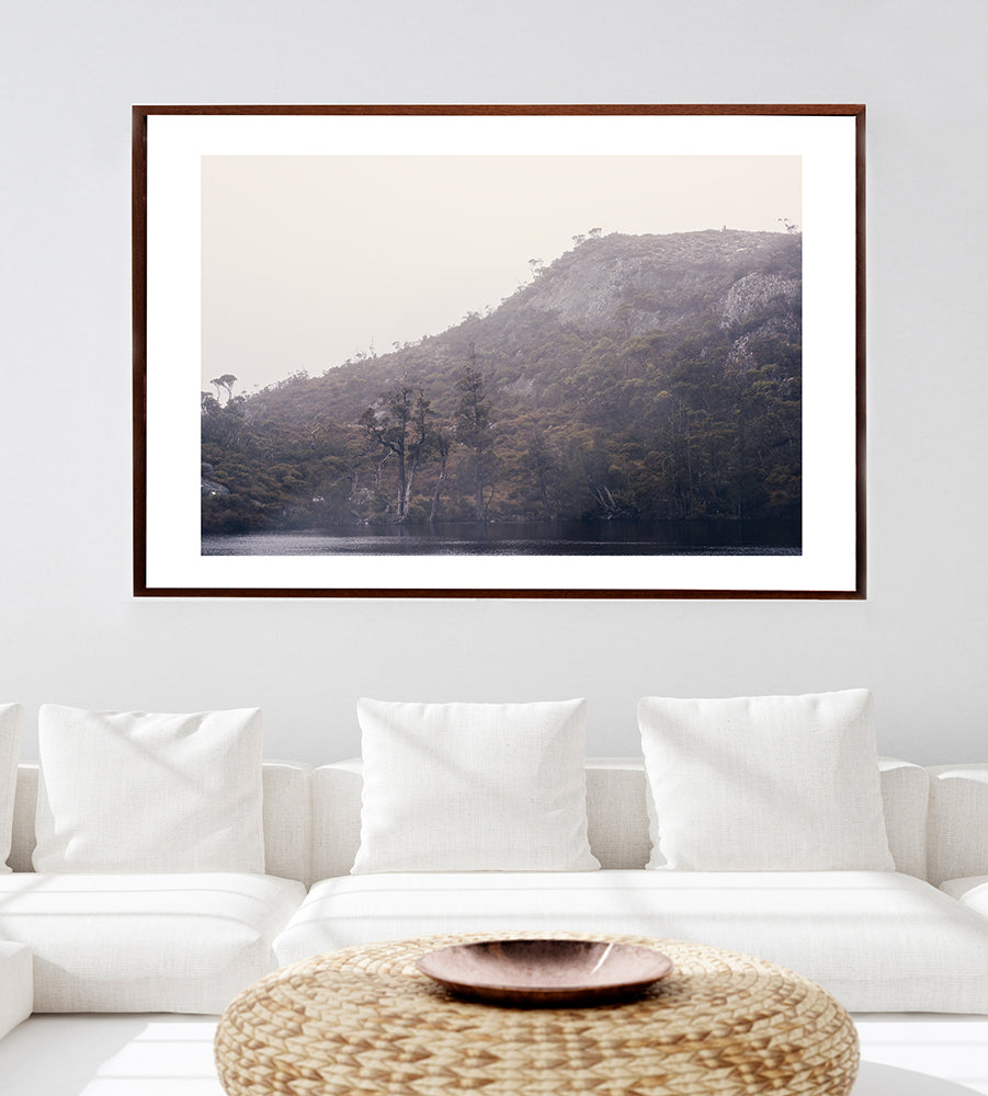 Cradle Mountain print  featuring the water pool known as Wombat Pool and bushland and mountain behind in winter fog by photographer Millie Brown