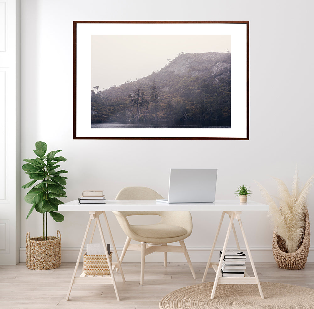 Cradle Mountain wall art featuring the water pool known as Wombat Pool and bushland and mountain behind in winter fog by photographer Millie Brown