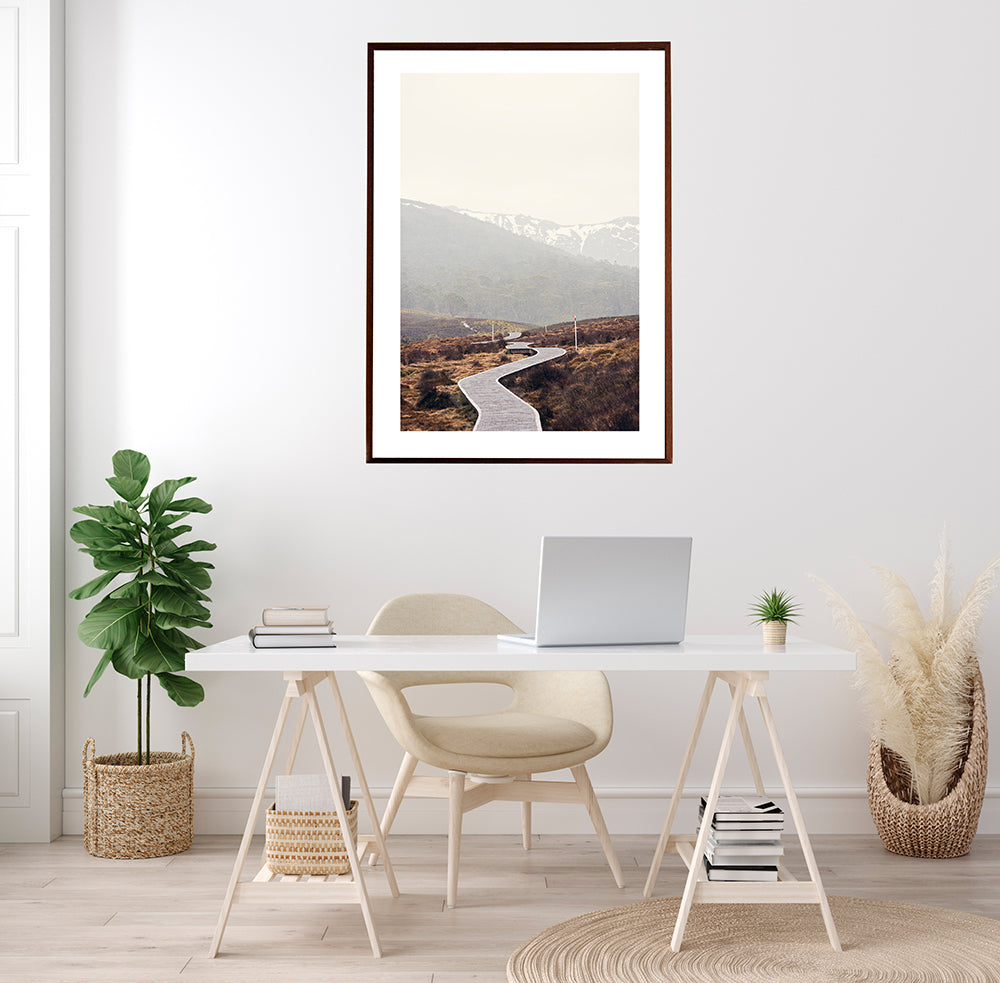Cradle Mountain Photographic fine art prints featuring the beautiful wilderness of Cradle Valley in Cradle Mountain National Park Tasmania and its boardwalk meandering through the button grass plains with the snowy mountains in the background by photographer Millie Brown